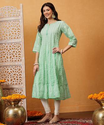 Hand embroidered sea green cotton lucknowi chikankari anarkali a-line kurta 3