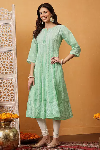 Hand embroidered sea green cotton lucknowi chikankari anarkali a-line kurta