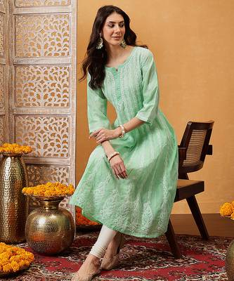 Hand embroidered sea green cotton lucknowi chikankari anarkali a-line kurta 4