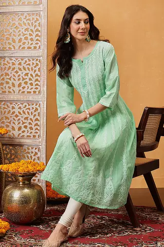 Hand embroidered sea green cotton lucknowi chikankari anarkali a-line kurta
