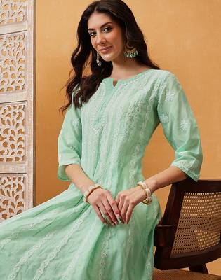 Hand embroidered sea green cotton lucknowi chikankari anarkali a-line kurta 5