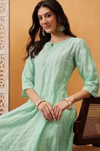 Hand embroidered sea green cotton lucknowi chikankari anarkali a-line kurta