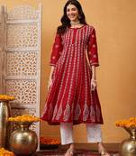 Hand embroidered blood red cotton lucknowi chikankari anarkali a-line kurta