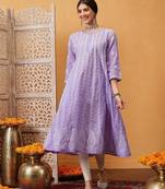 Hand embroidered mauve cotton lucknowi chikankari anarkali a-line kurta