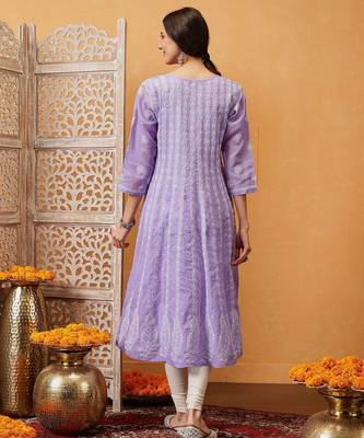 Hand embroidered mauve cotton lucknowi chikankari anarkali a-line kurta 2