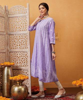 Hand embroidered mauve cotton lucknowi chikankari anarkali a-line kurta 3