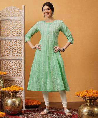 Hand embroidered dark sea green cotton lucknowi chikankari anarkali a-line kurta 1