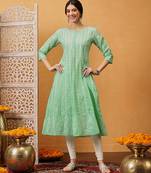 Hand embroidered dark sea green cotton lucknowi chikankari anarkali a-line kurta