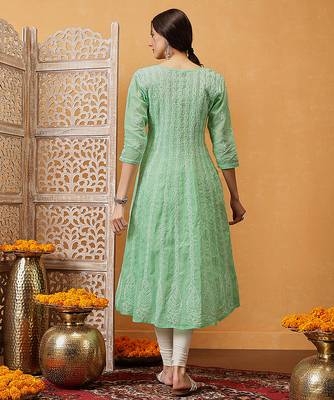 Hand embroidered dark sea green cotton lucknowi chikankari anarkali a-line kurta 2