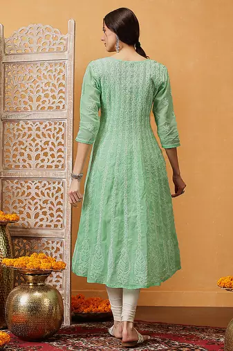 Hand embroidered dark sea green cotton lucknowi chikankari anarkali a-line kurta