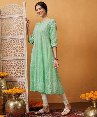 Hand embroidered dark sea green cotton lucknowi chikankari anarkali a-line kurta 3