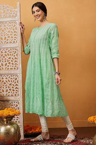 Hand embroidered dark sea green cotton lucknowi chikankari anarkali a-line kurta