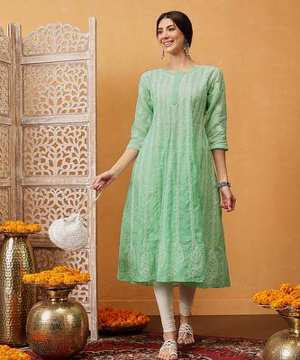 Hand embroidered dark sea green cotton lucknowi chikankari anarkali a-line kurta 4