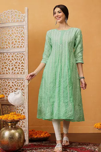 Hand embroidered dark sea green cotton lucknowi chikankari anarkali a-line kurta