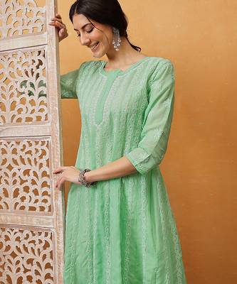 Hand embroidered dark sea green cotton lucknowi chikankari anarkali a-line kurta 5