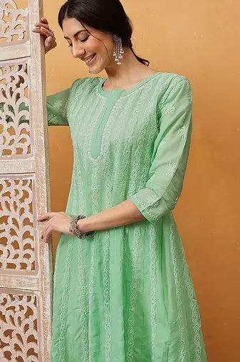 Hand embroidered dark sea green cotton lucknowi chikankari anarkali a-line kurta