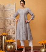 Hand embroidered grey cotton lucknowi chikankari anarkali a-line kurta