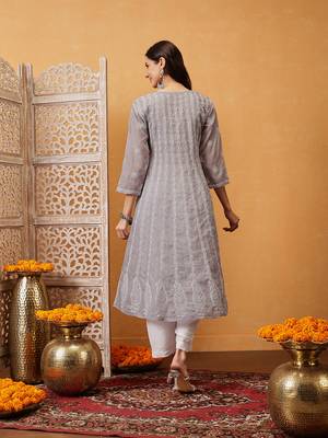 Hand embroidered grey cotton lucknowi chikankari anarkali a-line kurta 2