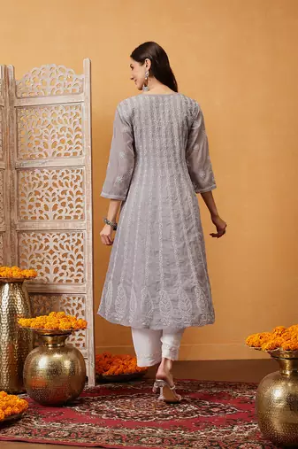 Hand embroidered grey cotton lucknowi chikankari anarkali a-line kurta