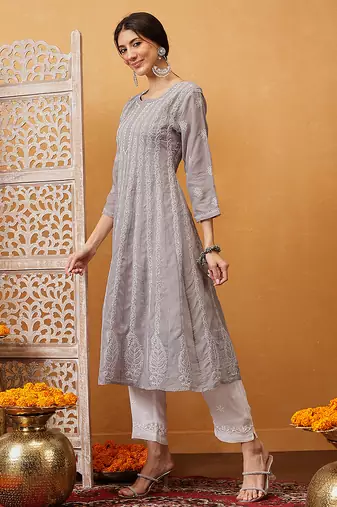 Hand embroidered grey cotton lucknowi chikankari anarkali a-line kurta