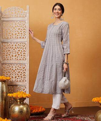 Hand embroidered grey cotton lucknowi chikankari anarkali a-line kurta 4