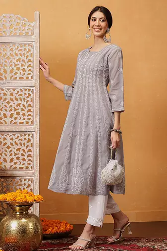 Hand embroidered grey cotton lucknowi chikankari anarkali a-line kurta