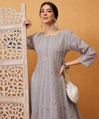 Hand embroidered grey cotton lucknowi chikankari anarkali a-line kurta 5