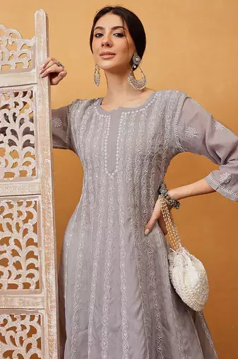 Hand embroidered grey cotton lucknowi chikankari anarkali a-line kurta