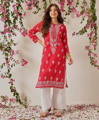 Hand embroidered red cotton lucknowi chikankari straight kurta 1