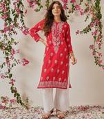 Hand embroidered red cotton lucknowi chikankari straight kurta