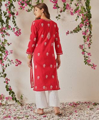 Hand embroidered red cotton lucknowi chikankari straight kurta 2
