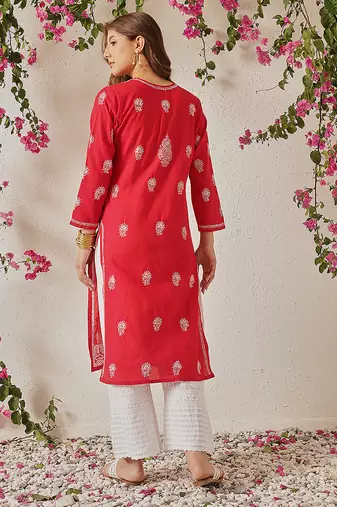 Hand embroidered red cotton lucknowi chikankari straight kurta