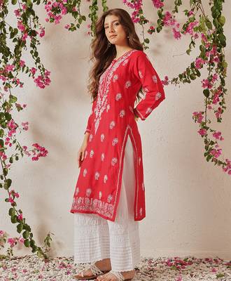 Hand embroidered red cotton lucknowi chikankari straight kurta 3