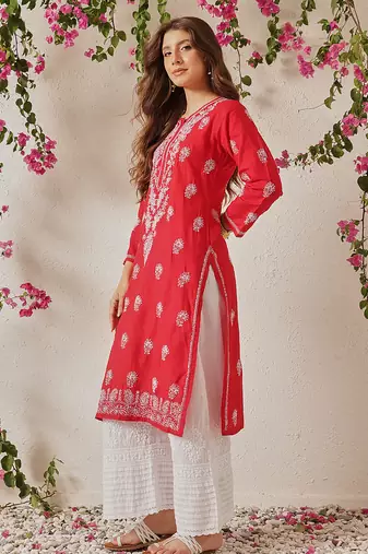 Hand embroidered red cotton lucknowi chikankari straight kurta