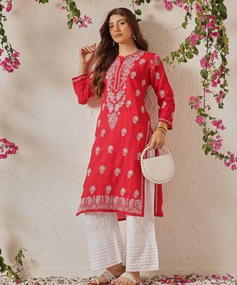 Hand embroidered red cotton lucknowi chikankari straight kurta 4