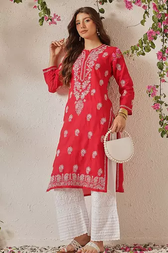 Hand embroidered red cotton lucknowi chikankari straight kurta