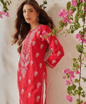 Hand embroidered red cotton lucknowi chikankari straight kurta 5
