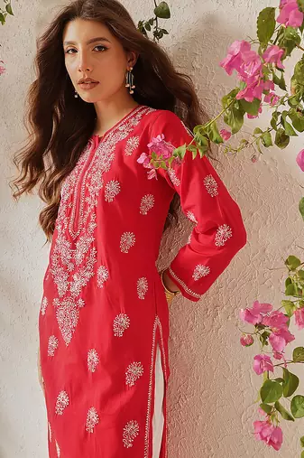 Hand embroidered red cotton lucknowi chikankari straight kurta