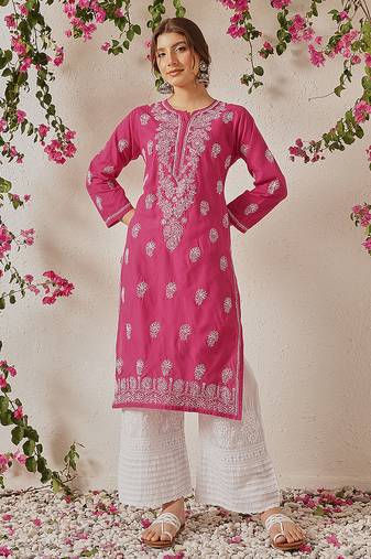 Hand embroidered magenta cotton lucknowi chikankari straight kurta