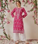 Hand embroidered magenta cotton lucknowi chikankari straight kurta
