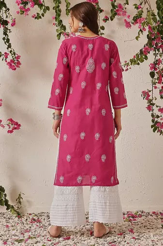 Hand embroidered magenta cotton lucknowi chikankari straight kurta