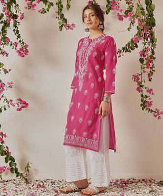 Hand embroidered magenta cotton lucknowi chikankari straight kurta 3