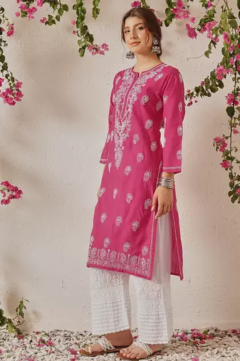 Hand embroidered magenta cotton lucknowi chikankari straight kurta