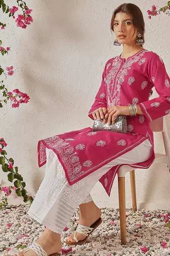 Hand embroidered magenta cotton lucknowi chikankari straight kurta
