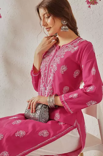 Hand embroidered magenta cotton lucknowi chikankari straight kurta