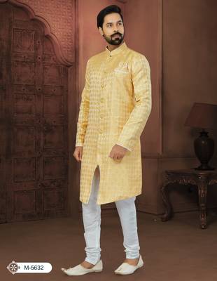 Yellow Banarasi Jackard Havy Classic With Fancy Button For Mens 1