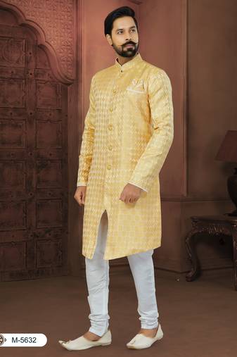 Yellow Banarasi Jackard Havy Classic With Fancy Button For Mens