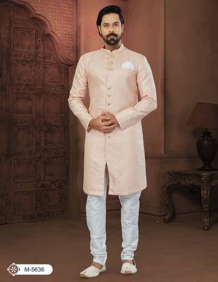 Peach Banarasi Jackard Havy Classic With Fancy Button For Mens 1