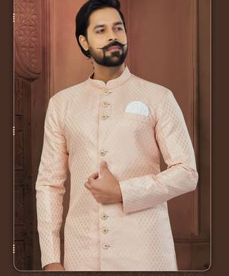 Peach Banarasi Jackard Havy Classic With Fancy Button For Mens 2