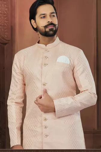 Peach Banarasi Jackard Havy Classic With Fancy Button For Mens